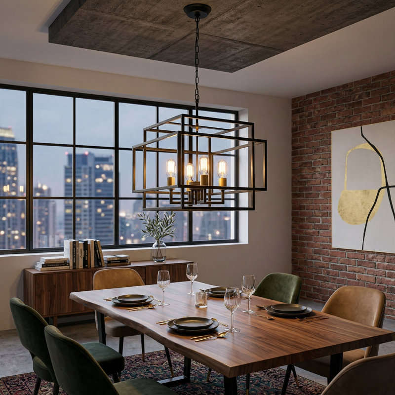 Worton 18" W Dimmable Modern Kitchen Island Square Chandelier, Matte Black/Polished Brass