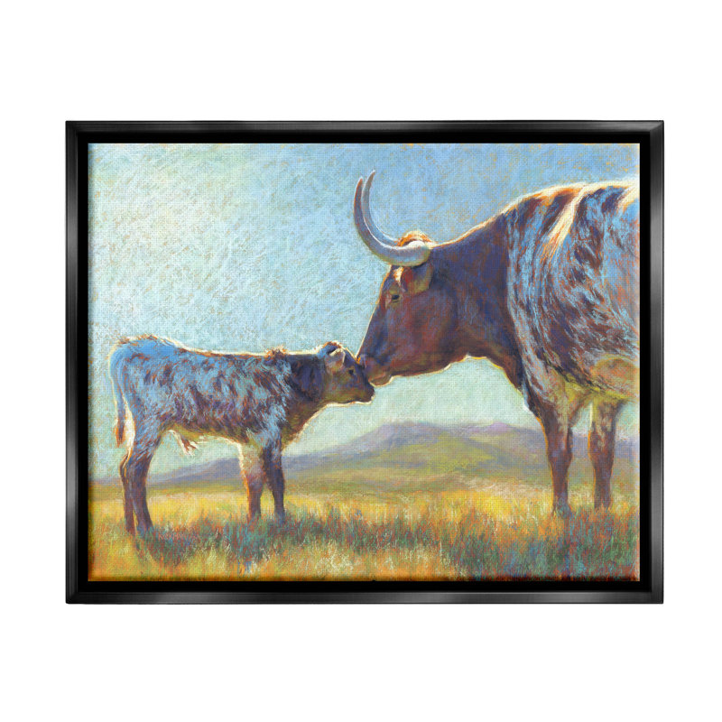 Mère, bovin, veau, ferme éclairée par le soleil par Rita Kirkman - peinture à cadre flottant sur toile