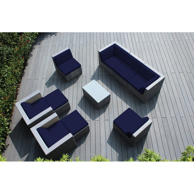 Ensemble de conversation en osier pour 7 personnes avec coussins Kiara, Toile bleu marine Sunbrella®, gris