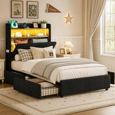 Twin XL Bed Frames With Storage Drawers, 49.2" Tall Hidden Storage Headboard With Led Lights & Charging Station, Upholstered Twin Xl Platform Bed, Solid Wood Slats, No Box Spring Needed, Noise Free, Black