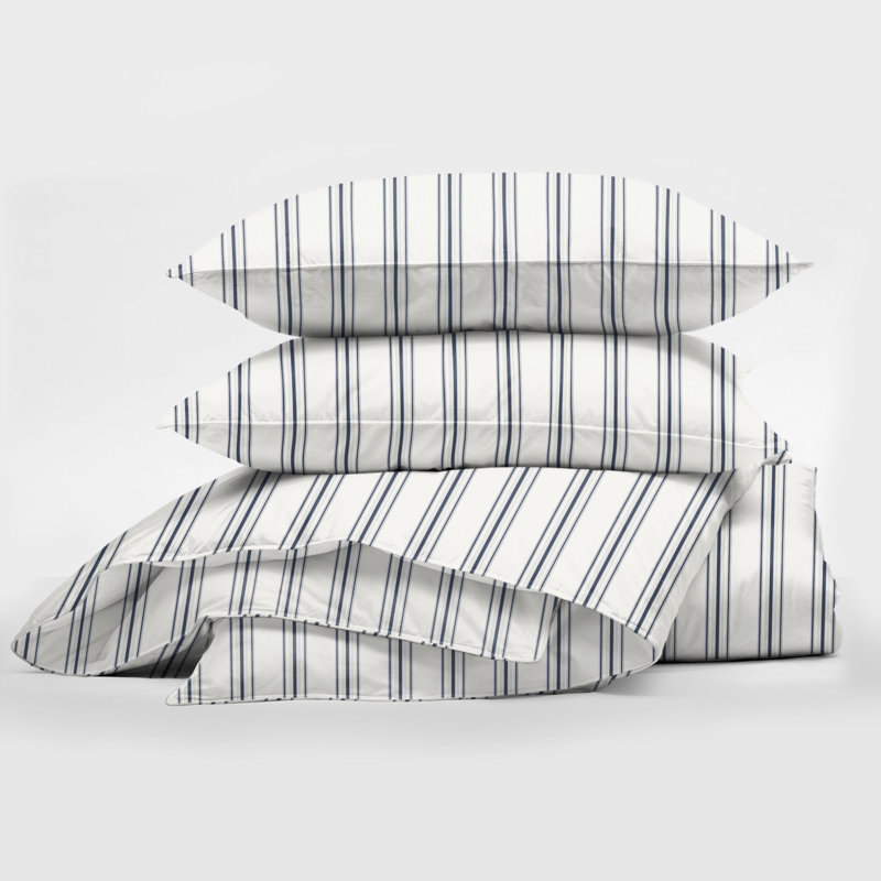 August Stripe Reversible Cotton Duvet Cover Set, Super King Duvet Cover + 2 King Shams, Denim