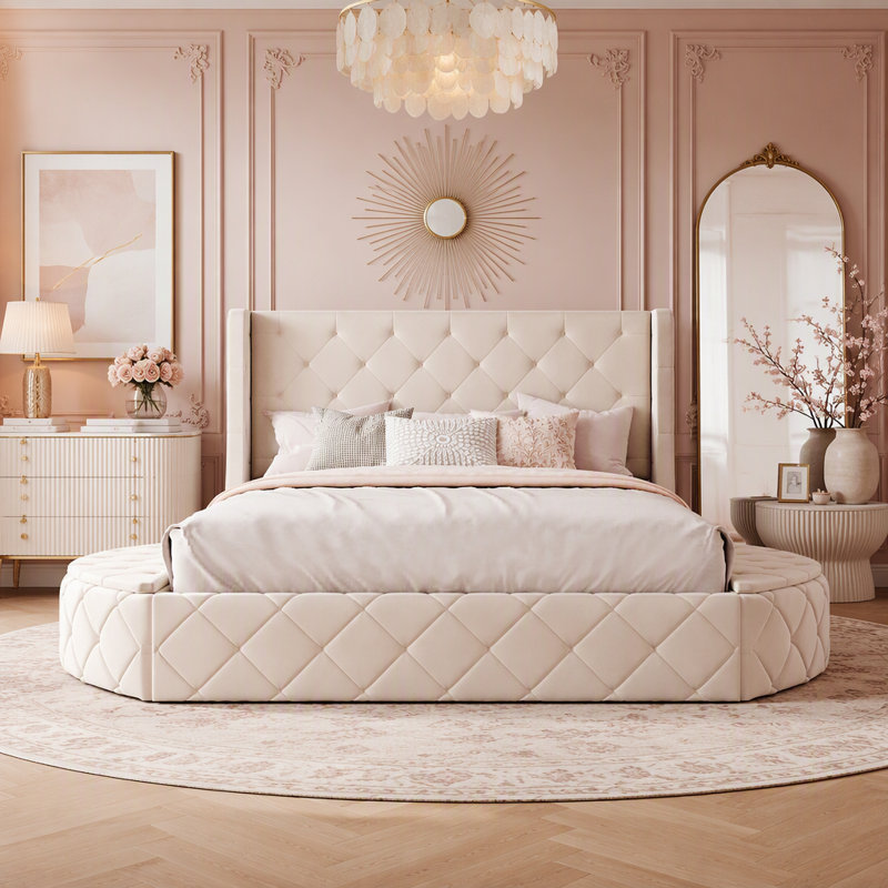 Lit plateforme tapissier, lit de rangement avec tête de lit à oreilles et 1 grand tiroir, Beige