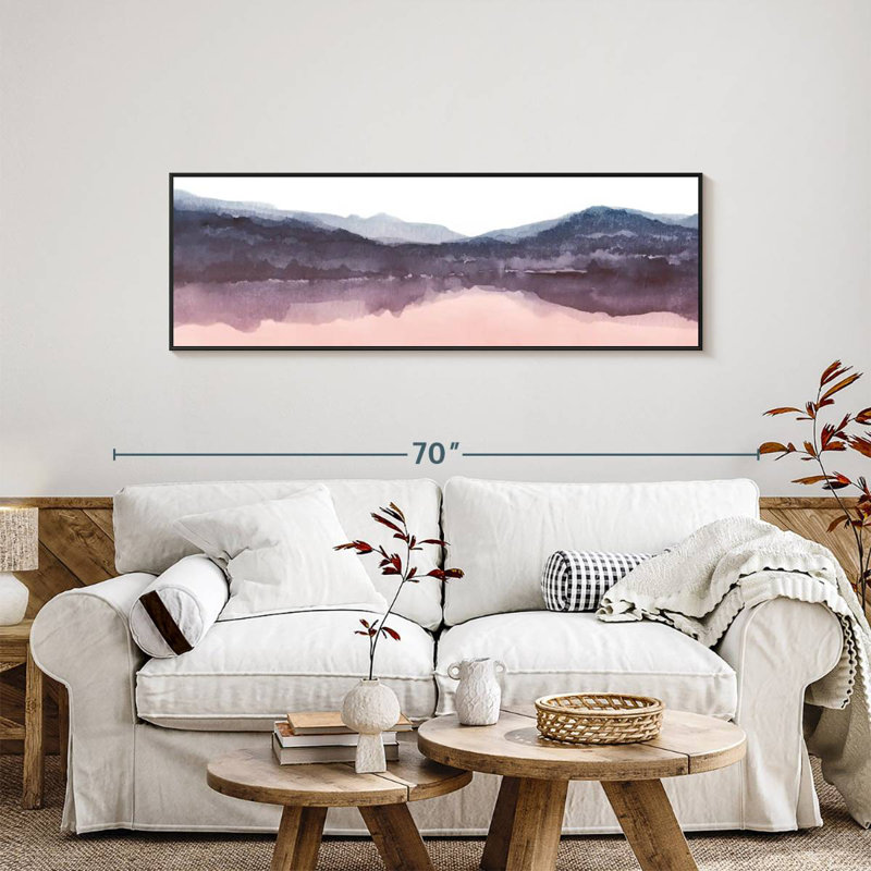 Aquarelle paysage IV rosé indigo III, 57 po x 19 po, Cadre flottant noir