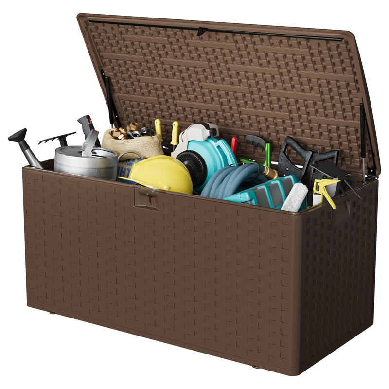 99 Gallon Brown Resin Outdoor Deck Storage Box - Waterproof & Lockable Bench with Gas Struts - UV-Resistant Rattan Texture for Cushions, Garden Tools, Pool Accessories