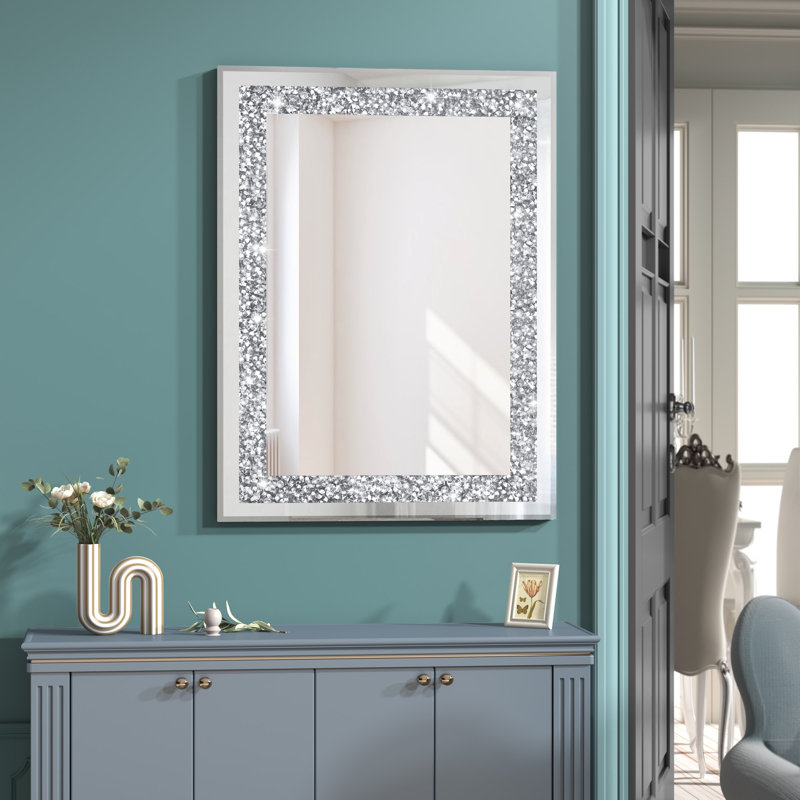Davaunte Glass Framed Rectangle Wall Mirror Accent Decorative Mirror Crystal Diamond Horizontal and Vertical, 35.2" x 23.4"