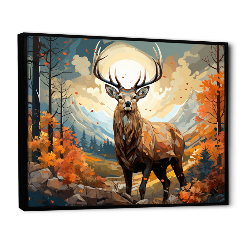 Deer Abstracted Forest - Animals Canvas Wall Art, Cadre flottant noir, H 34 po x l 44 po x P 1,5 po