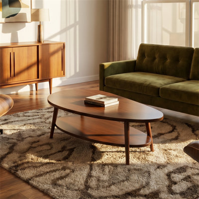 Mango-Shaped Coffee Table, With Storage Shelf, 4 Round Legs, Wooden Frame, Brown