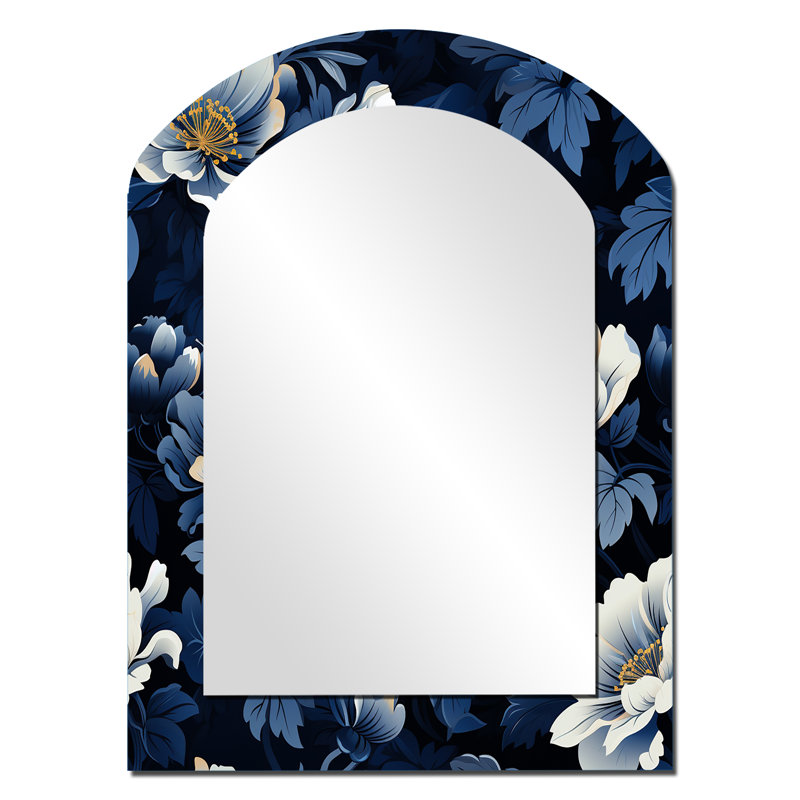 Motif floral bleu foncé et blanc Olavo Nightfall - miroir mural asymétrique floral, miroir décoratif arqué bleu, impression d'art en métal