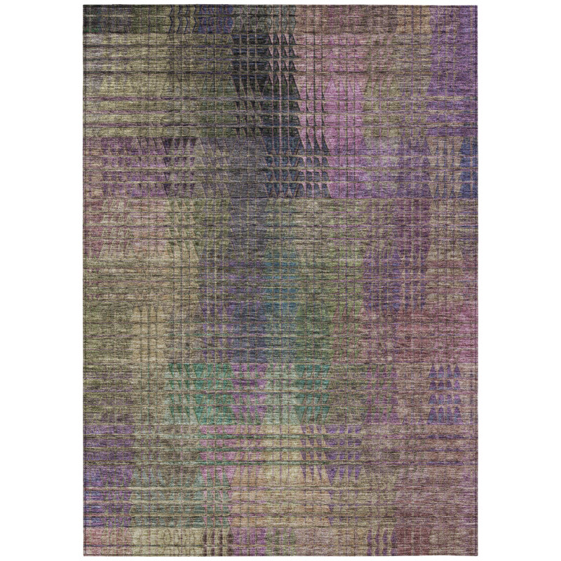 3' X 5' Plum Olive Green And Lavender Abstract Washable Indoor Outdoor Area Rug