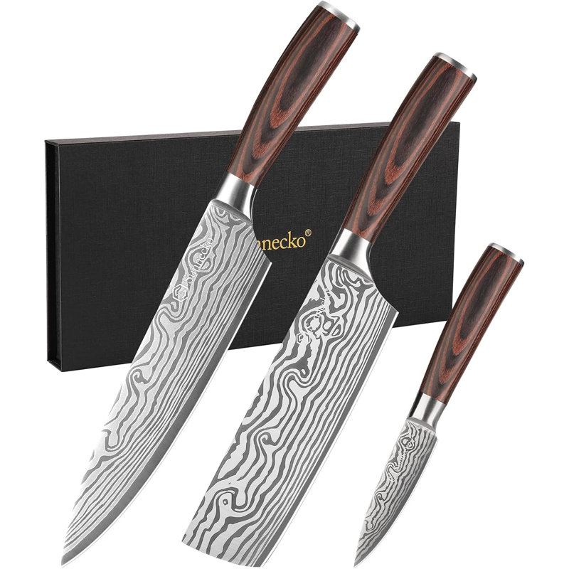 Ensemble de couteaux de cuisine professionnel 3 pièces avec pales en acier inoxydable à haute teneur en carbone et poignées ergonomiques en bois