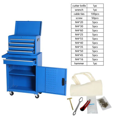 Coffre à outils, armoire de rangement à outils à 5 tiroirs avec plateau à outils amovible, doublure, roues verrouillables universelles, tablette réglable, mécanisme de verrouillage, chariot à outils en métal, outils de 154 pièces