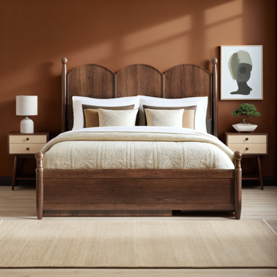 Walnut Solid Wood Queen Bed Frame with Trundle Bed, Built-in Drawers & Rustic Headboard by TIBMUTO