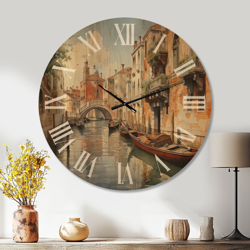 Horloge panoramique surdimensionnée, Italie, canaux vénitiens d'Italie, imprimée sur bois, Oversized