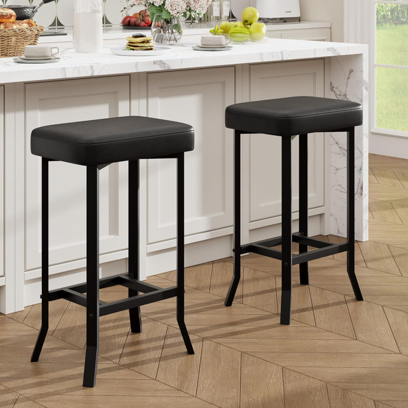 Tabourets de bar modernes à hauteur de comptoir, siège rembourré en similicuir - Pieds irréguliers en métal - Compact pour les petits espaces - Assemblage facile - Noir, paquet de 2 pièces