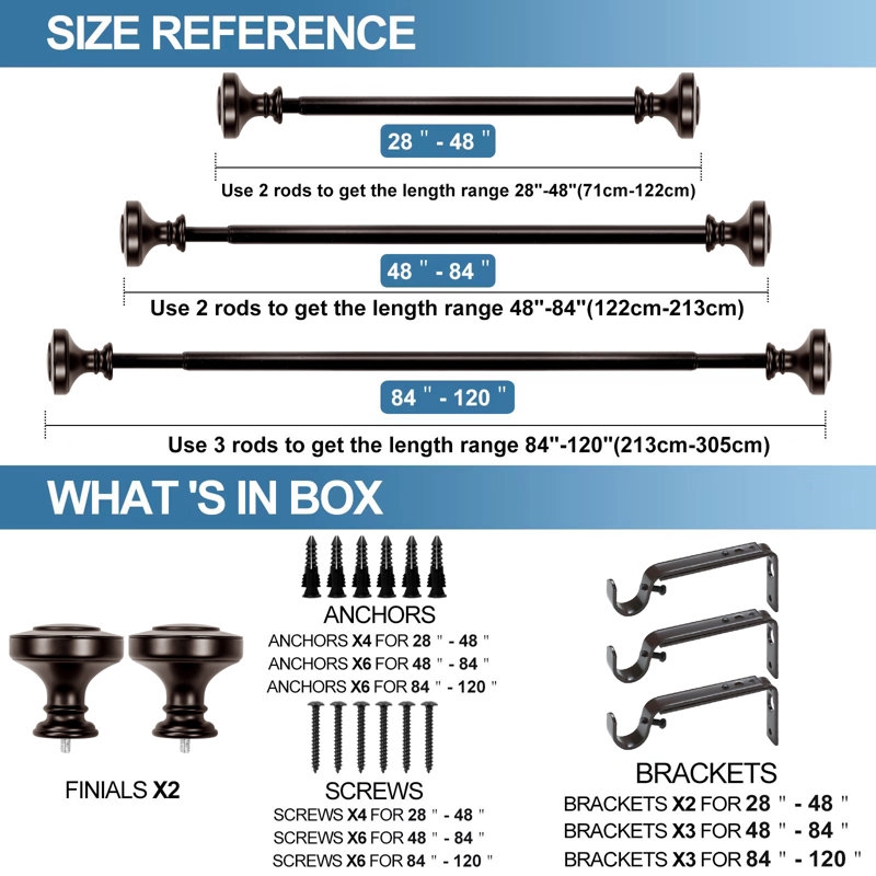 Gottlieb Steel Adjustable Single Curtain Rod, 48" - 84" W, Bronze