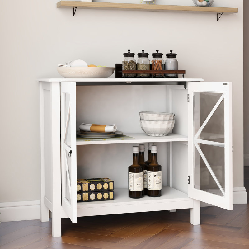 Double Glass Doors Kitchen Storage - Rustic Style Cabinet. Construction, White. Easy To Assemble Cabinet With Entrances Buffet For Home. , White Finish. Simple