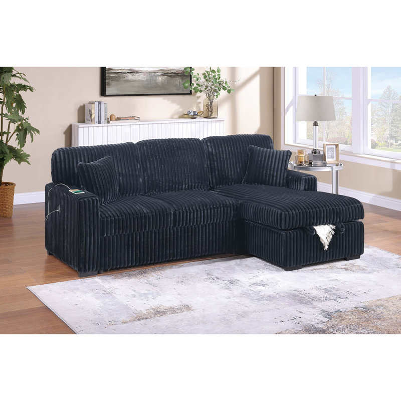 Modern Style 2Pc Convertible Sectional Pull Out Sofa Fold Down Table Cup Holder USB Port Storage Chaise Matching Pillow Primary Living Room