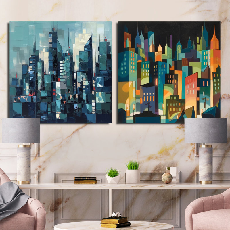 Bleu et vert Cityscape Essence - ensemble de 2 collages carrés, H 16 po x l 33 po, Toile tendue