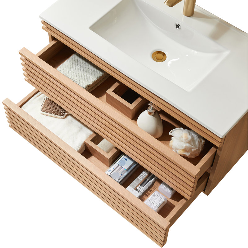 Meuble-lavabo simple 36 po, mural et flottant, lavabo en céramique, entièrement assemblé, noyer naturel, contreplaqué pour plus de fiabilité Meuble-lavabo flottant 36 po avec rangement, rangement bien rangé