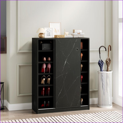 Range-chaussures avec porte coulissante, 6 couches pour 30 paires et plus | Panneau de particules | Hall d'entrée minimaliste
