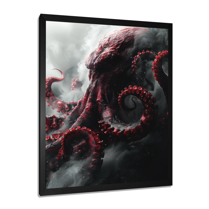  «Red Grey Kraken Mythical Creature I - Mythical Creatures, art mural, H 12 po x l 20 po, Cadre simple noir, bois massif