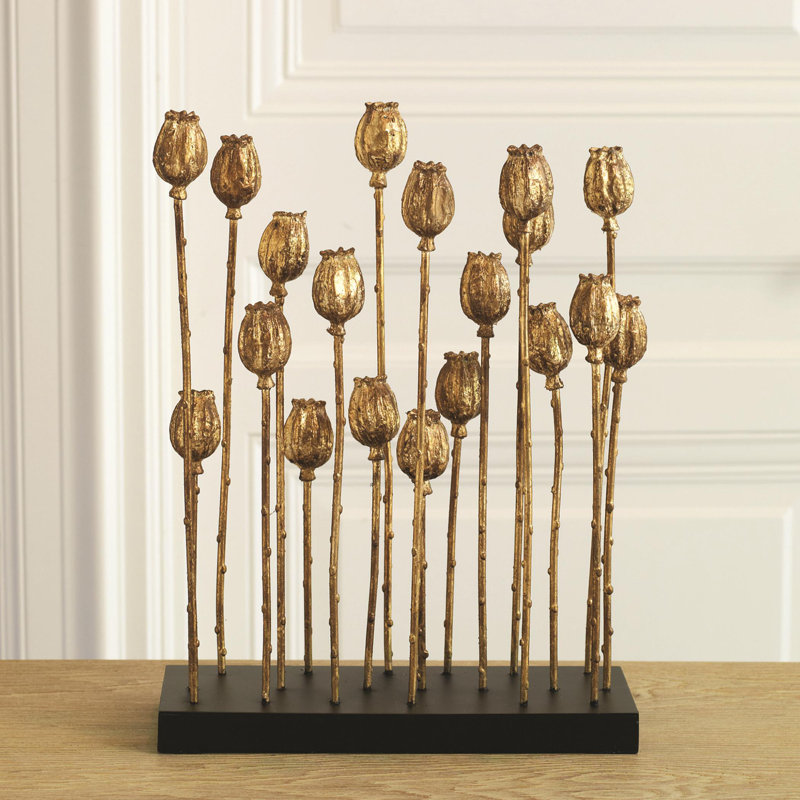 Gold Metal Poppy Pod Sculpture, 16" Height