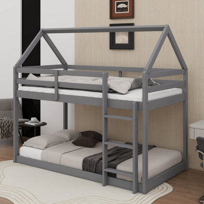 Twin-Over-Twin Floor Bunk Bed With House-Inspired Roof And Ladder, Loft Bunk Bed Equipped With Protective Guardrails by George Oliver