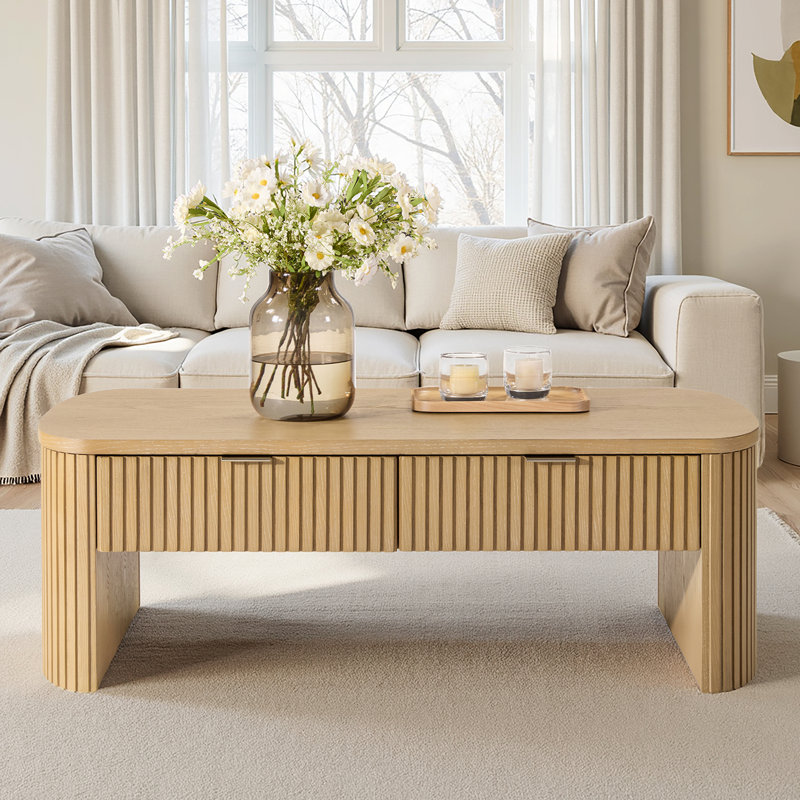 Kaybri Filipo Modern 46.5"W Fluted Solid Wood OAK Coffee Table with Storage, Natural