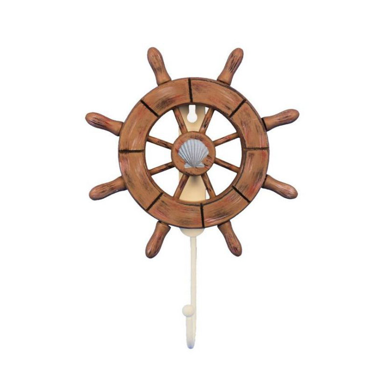 Roue d’expédition décorative 8" avec décoration murale coquillage et crochet, En bois