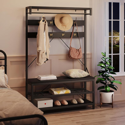 Coat Rack Shoe Bench for Entryway Hall Tree Shoe Rack Large 3-Tier Storage Shelf and Hooks Removable Industrial Accent Furniture Metal Frame
