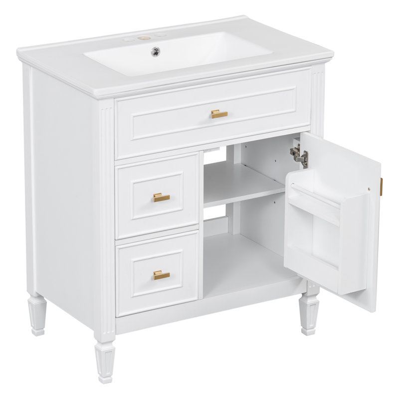Meuble-lavabo de salle de bain de 76 cm (30 po) avec lavabo, tiroir rabattable et 2 tiroirs, blanc, Blanc, Blanc