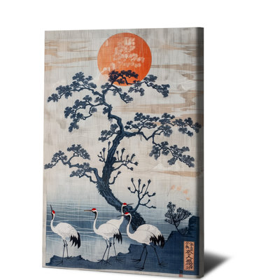 1PC, art mural sur toile encadré de style japonais avec pin, soleil rouge et grues, peinture orientale traditionnelle pour le salon, la chambre, la décoration intérieure, une œuvre d'art zen asiatique