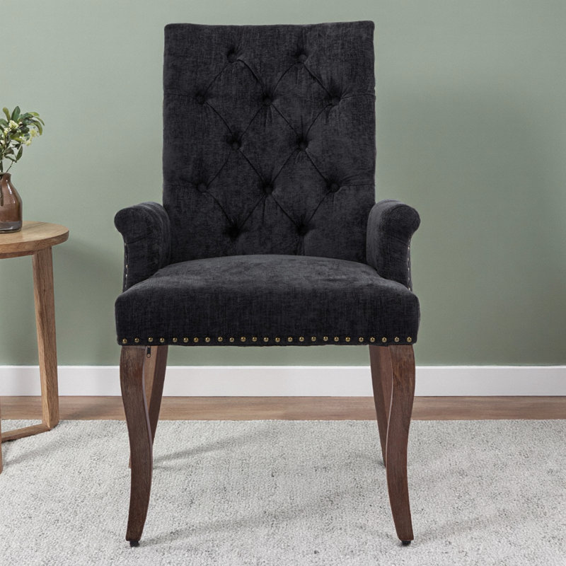 Élégante chaise de salle à manger rembourrée en chenille capitonnée noire avec pieds incurvés en bois massif - paquet simple, idéale pour tout décor chic