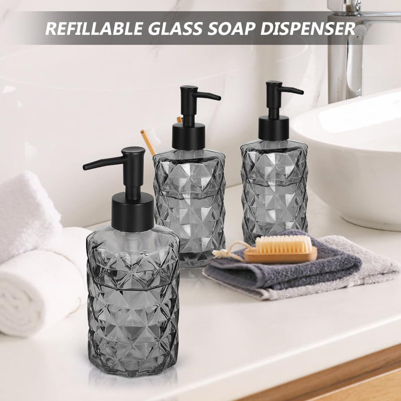 Ensemble de 3 distributeurs de savon en verre 11 oz | Pompe antirouille pour savon, shampooing et lotion pour les mains | Bouteille de cuisine et de salle de bain rechargeable (conception noire, durable)