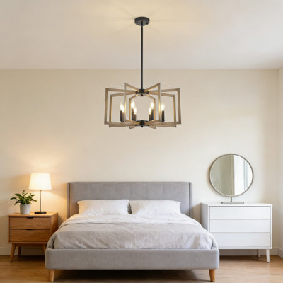 Modern Farmhouse Chandelier With 8 Lights, Vintage Industrial Geometric Design In Wood Texture And Finish For Dining Room, Kitchen Island, Entryway, Foyer, And Stairway