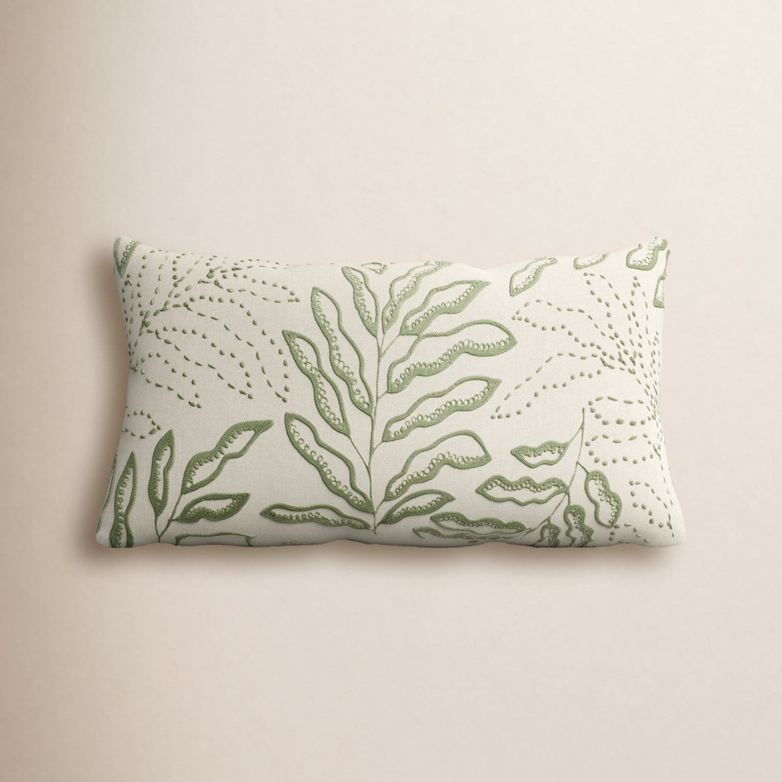 Elwin Embroidered Cotton Lumbar Throw Pillow, Ivory/Green