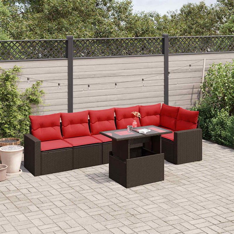 Ensemble de canapé de patio 7 pièces avec coussins en rotin de polyester, Rouge, Brun