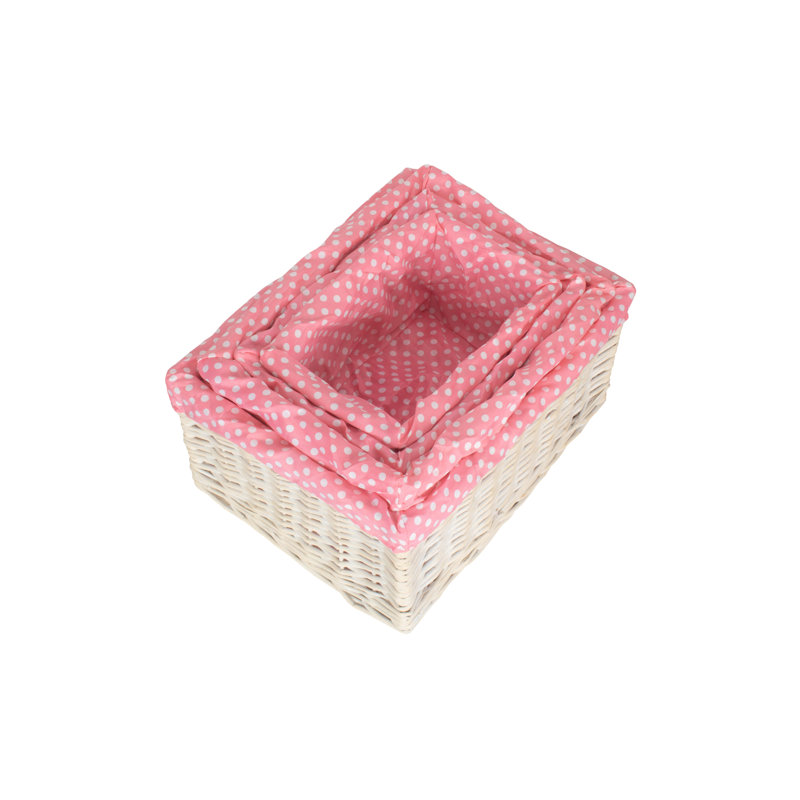 4 Piece Spotty Lined Open Storage Wicker Basket Set, Pink
