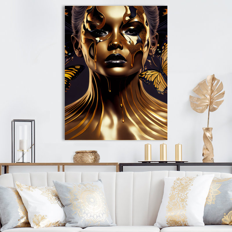 Femme avec papillons noirs et dorés II - Décoration murale contemporaine en métal glam, H 20 po x l 12 po x P 1 po