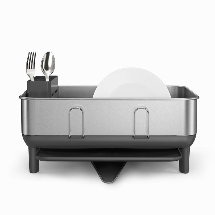 simplehuman Compact Kitchen Dish Drying Rack With Swivel Spout,  Fingerprint-Proof Stainless Steel Frame, Grey Plastic