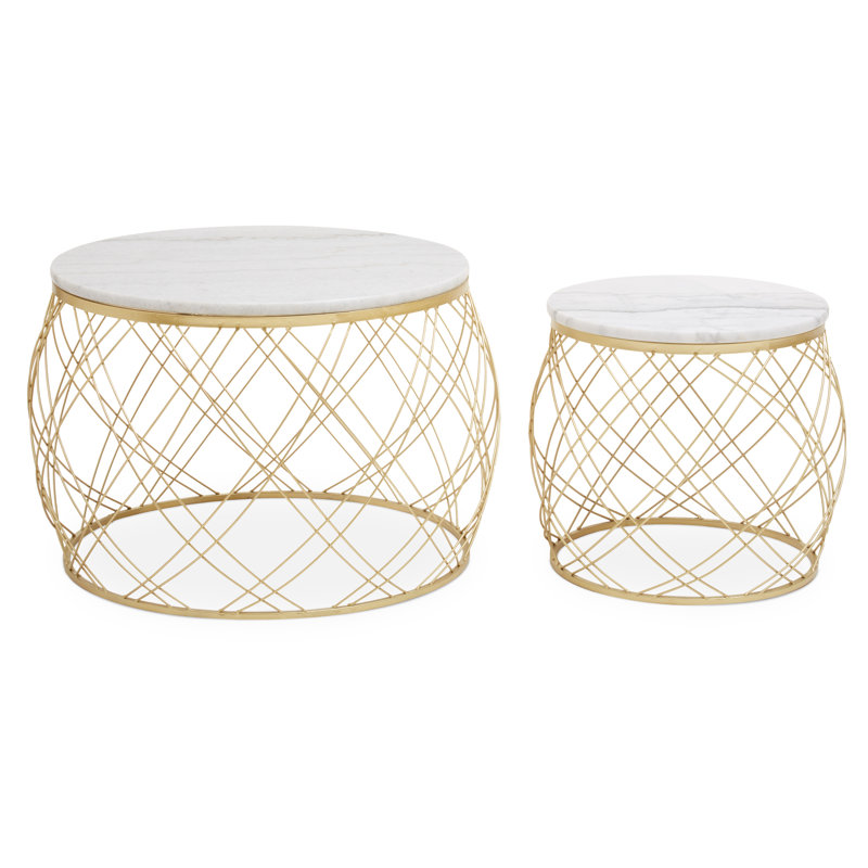 Set Of Two Side Tables With White Marble Top And Gold Frame
