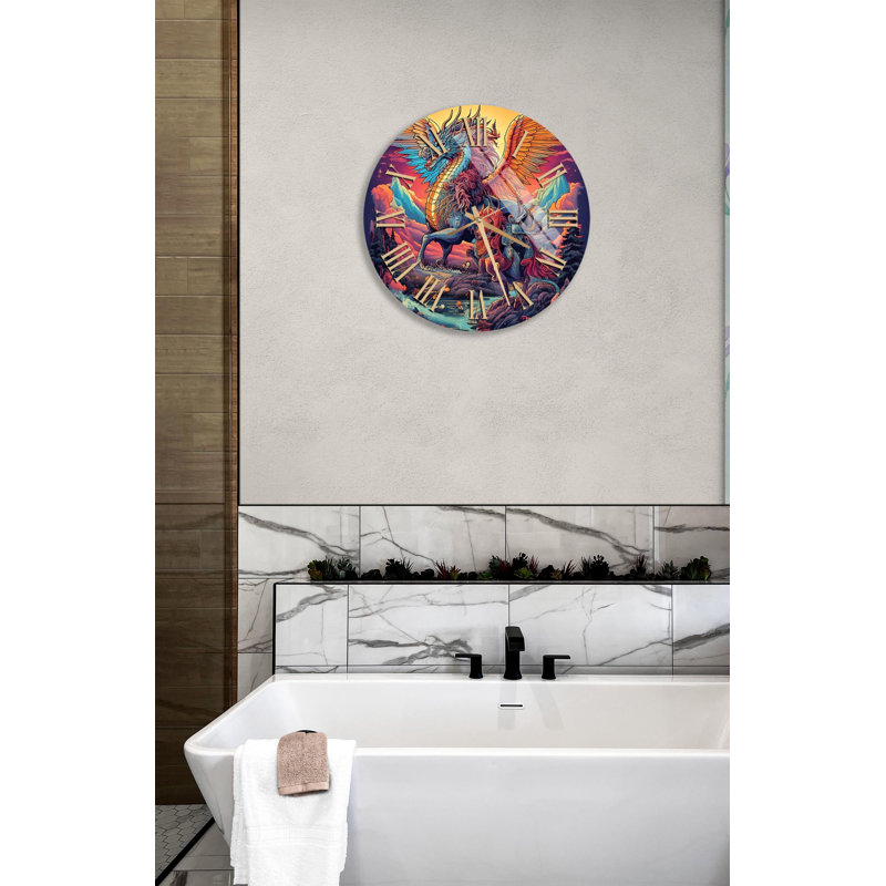Mythique Griffin horloge murale en verre trempé, fantaisie Art horloge, coloré, grande horloge murale, décoration murale