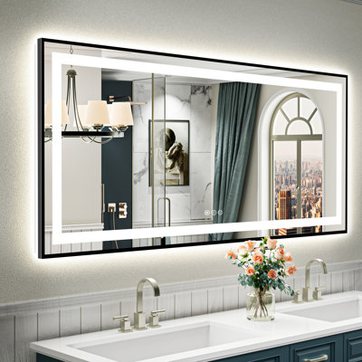 Matte Black Matel Framed LED Bathroom Mirror with Front-lit and Back-lit, Memory Function, 3 Color Temperatures & Dimmable Light, Anti-fog Tempered Glass