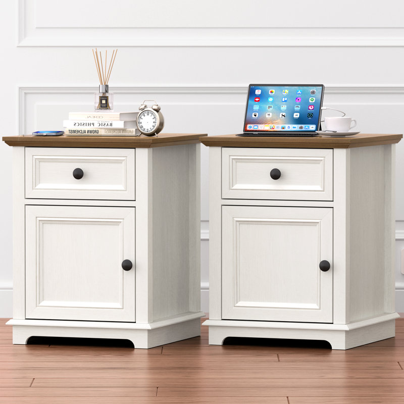 Azella 1-Drawer Frame End Table Set with Storage and Built-In Outlets, White/Brown