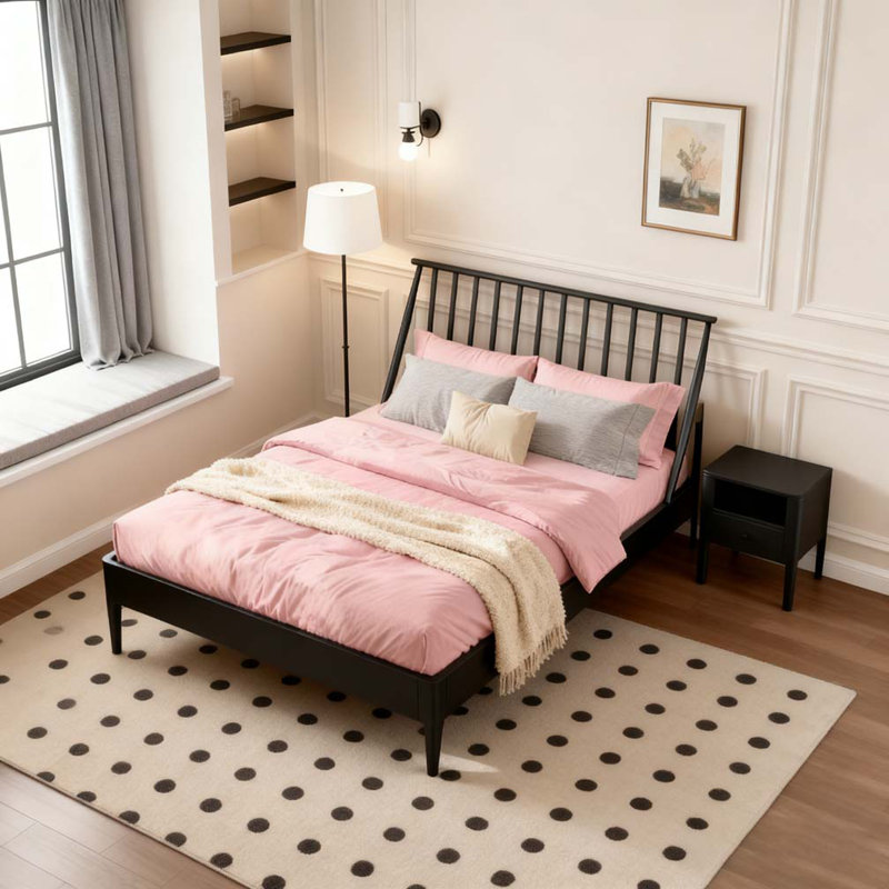 Grand lit plateforme en bois de bambou massif avec tête de lit haute de 46,5 po, Grand, Noir