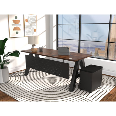Serenity Modern A-Frame Executive Writing Office Desk, with Modesty and Cushion Top Mobile Storage, 66x30 Walnut Block Top