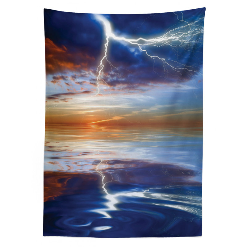 Nappe nature, tonnerre au-dessus de la mer avec reflets orages thème de la Terre mère, housse de table rectangulaire pour décor de cuisine de salle à manger, 52 po x 70 po, bleu orange