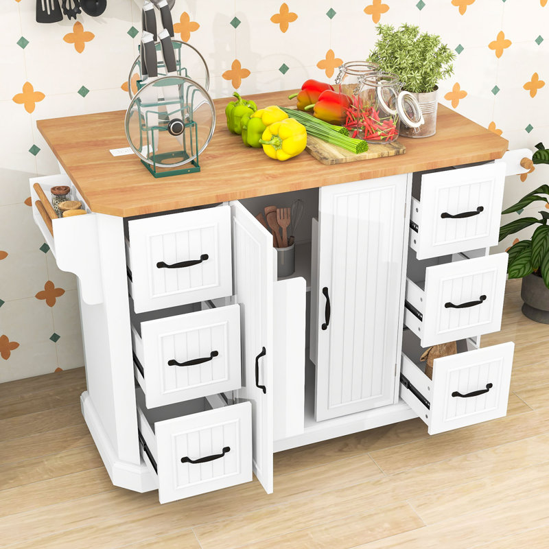 Rustic Wooden Kitchen Island Cart with Drop Leaf, Built-in Charging Station and Lockable Wheels, White