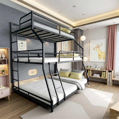 Triple Bed With Long And Short Ladder & Full-Length Guardrails , Easy Assembly ,For Kid Boy Girl ,Black
