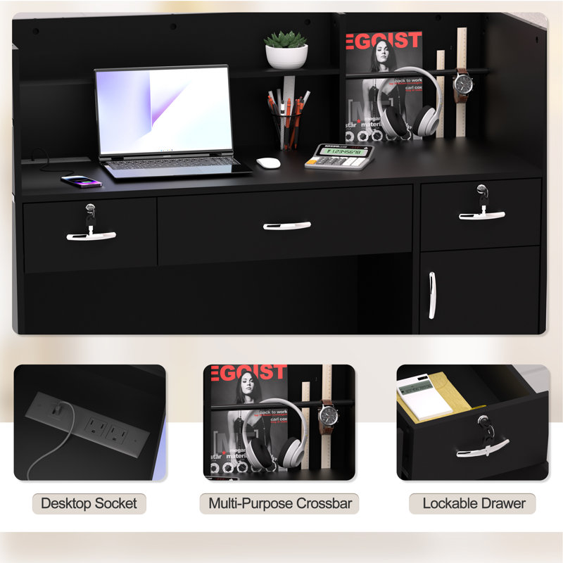 Reception Desk with Counter, Modern Front Table Equipped Lockers & Storage Shelves, 48-inch Checkout Counter with DIY Stripe for Lobbies, Salons, Retail, Home Offices, Reception Room